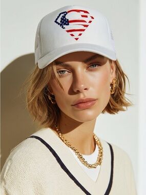 White Trucker Hat with American Flag Superman Logo